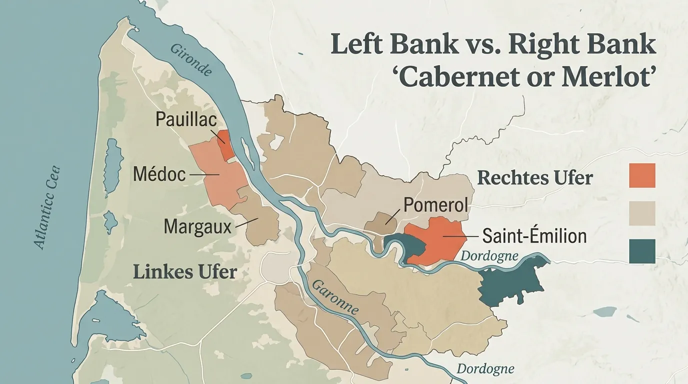 Karte der Weinregion Bordeaux mit Garonne, Dordogne und Gironde: linkes Ufer mit Médoc, Margaux und Pauillac, rechtes Ufer mit Saint-Émilion und Pomerol