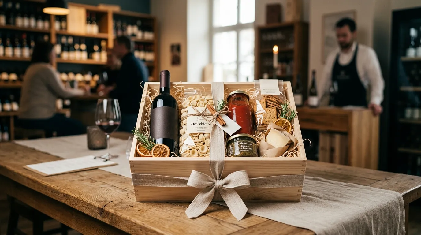 Festlich verpackte Geschenkkiste mit Weinflasche, Pasta, Sugo und Feinkost auf einem Holztisch in der Vinothek