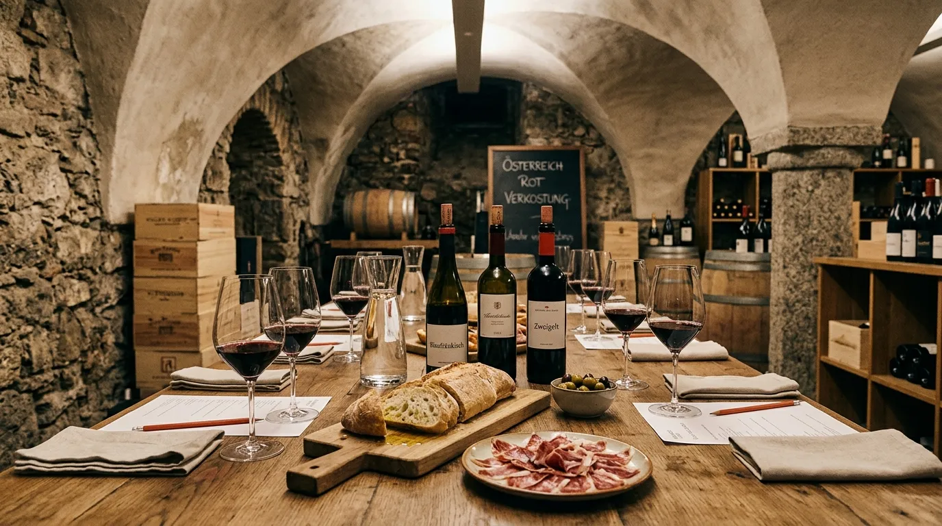 Gedeckter Verkostungstisch in der Vinothek magazin: in der Augustinergasse 13 in Salzburg: Rotweingläser, offene Flaschen österreichischer Rotweine, Ciabatta und Jamón im historischen Gewölbe am Mönchsberg