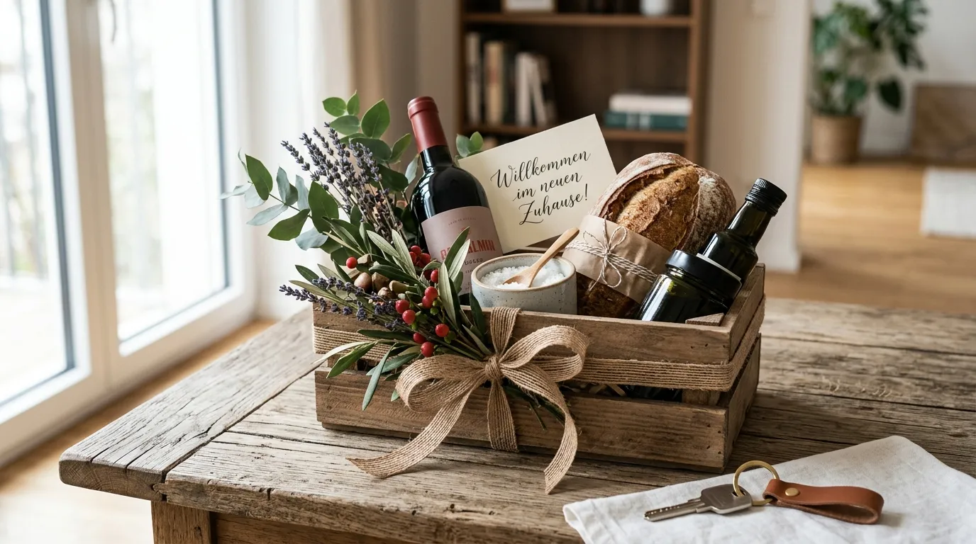 Festlich verpackte Geschenkkiste mit einer Weinflasche, Brot, Salz und handschriftlicher Karte auf einem Holztisch, daneben liegt ein Wohnungsschlüssel