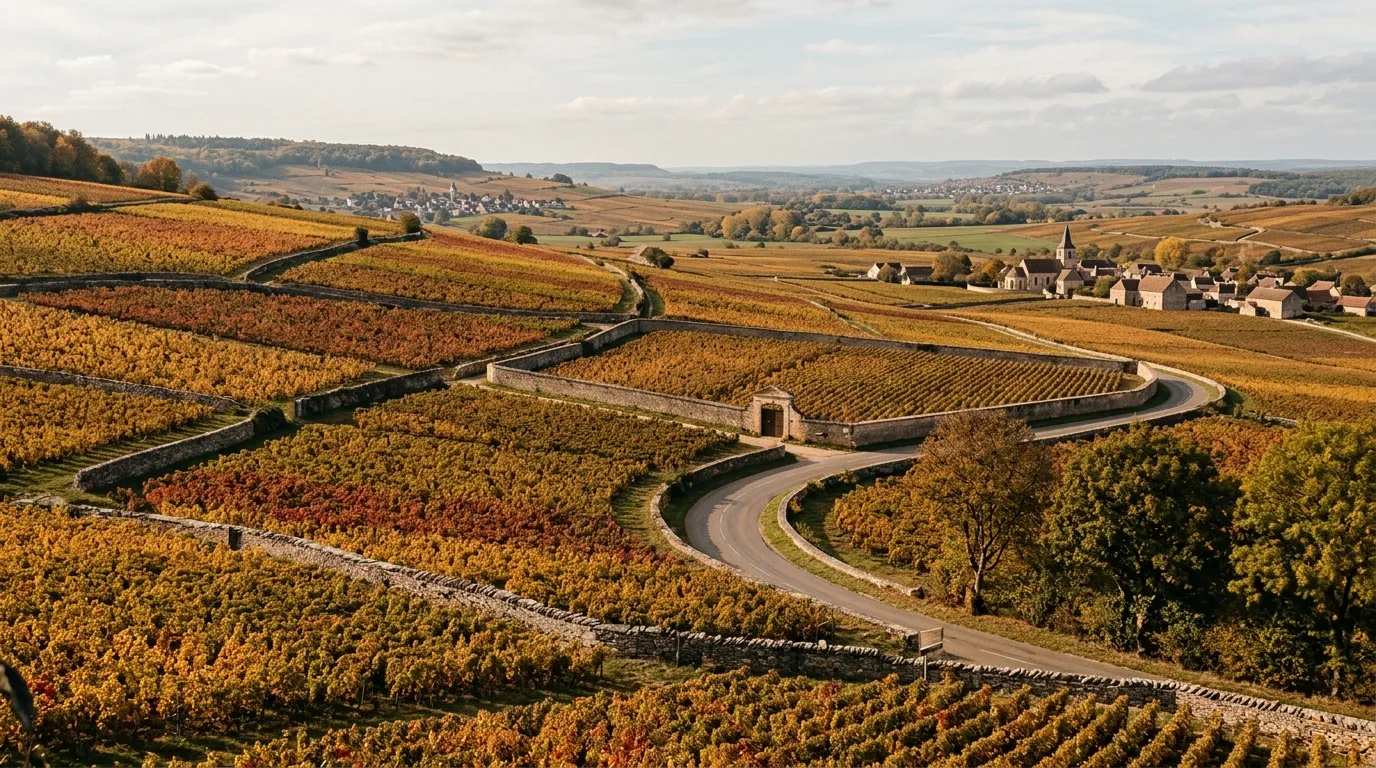 Weinberge der Côte d'Or im Herbstlicht: parzellierte Lagen mit Trockenmauern und einem Clos, Blick über die Route des Grands Crus
